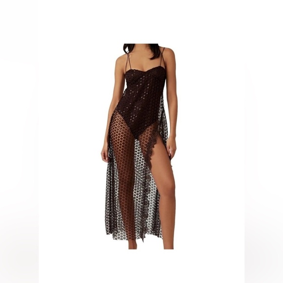 Free People Brown Crochet Asymmetrical Beach Cover Up Dress Boho Resort Small - Picture 3 of 14